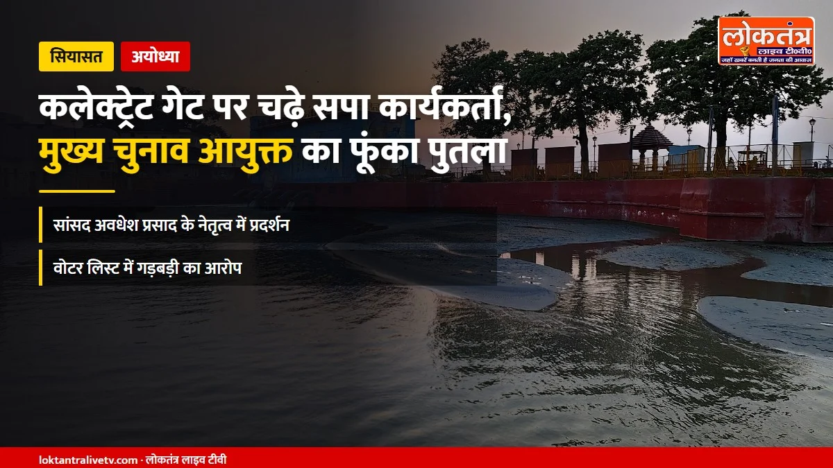 अयोध्या: कलेक्ट्रेट गेट पर चढ़े सपा कार्यकर्ता, मुख्य चुनाव आयुक्त ज्ञानेश कुमार का पुतला फूंका
