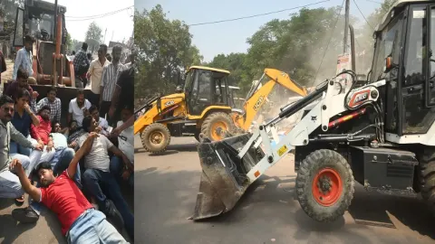 लखनऊ में वकीलों के चैंबर पर चला बुलडोजर, कार्रवाई के विरोध में मशीन के आगे लेटे वकील