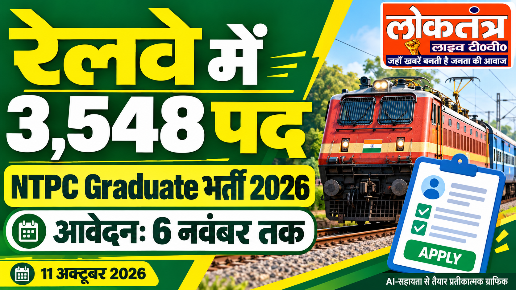RRB NTPC भर्ती 2026: स्नातकों के लिए 3,548 पद, 6 नवंबर तक आवेदन; पदवार संख्या जानिए