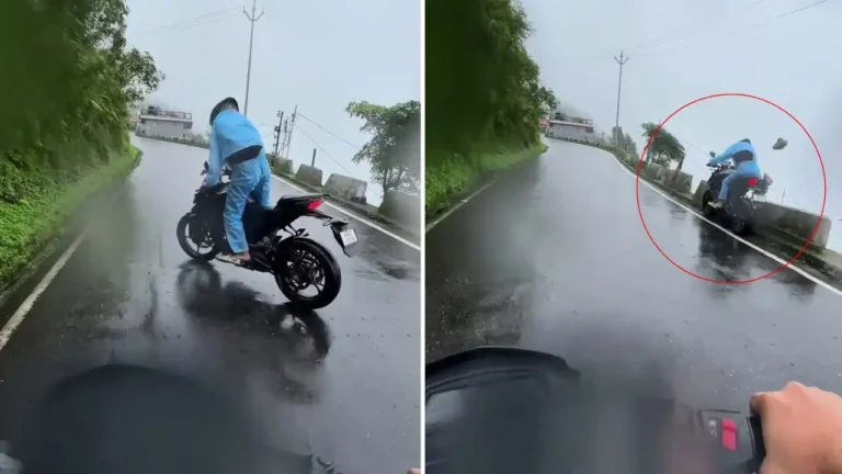 बारिश में पहाड़ी मोड़ पर मौत को दी मात! खाई के किनारे लटका बाइकर, वायरल वीडियो देख दहल गए लोग